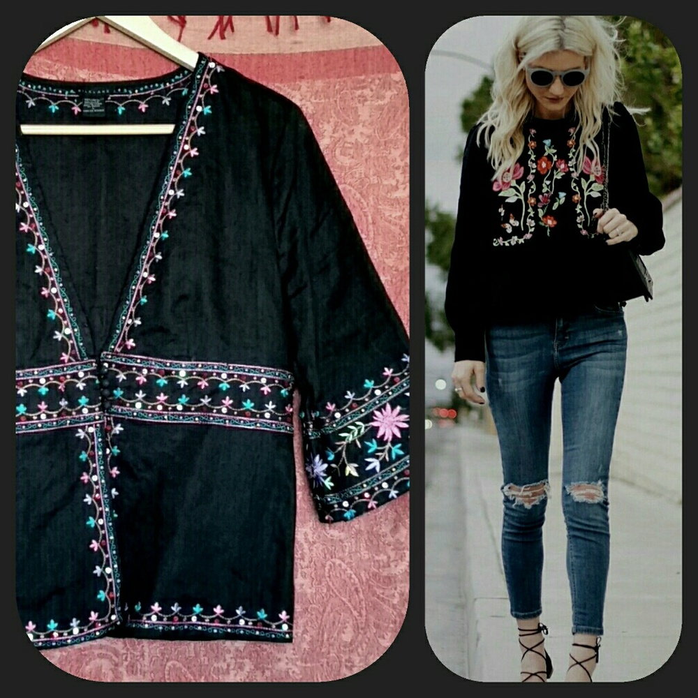 EUC Silkland Black Linen Top Embroidered Boho